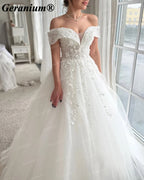 Geranium Off-the-Shoulder Lace Ball Gown Wedding Dress with Corset Back – GER116