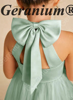 Geranium Elegant Sage Green Halter Flower Girl Dress with Statement Bow Back & Tulle Skirt KD-205