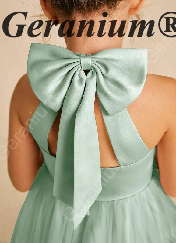 Geranium Elegant Sage Green Halter Flower Girl Dress with Statement Bow Back & Tulle Skirt KD-205