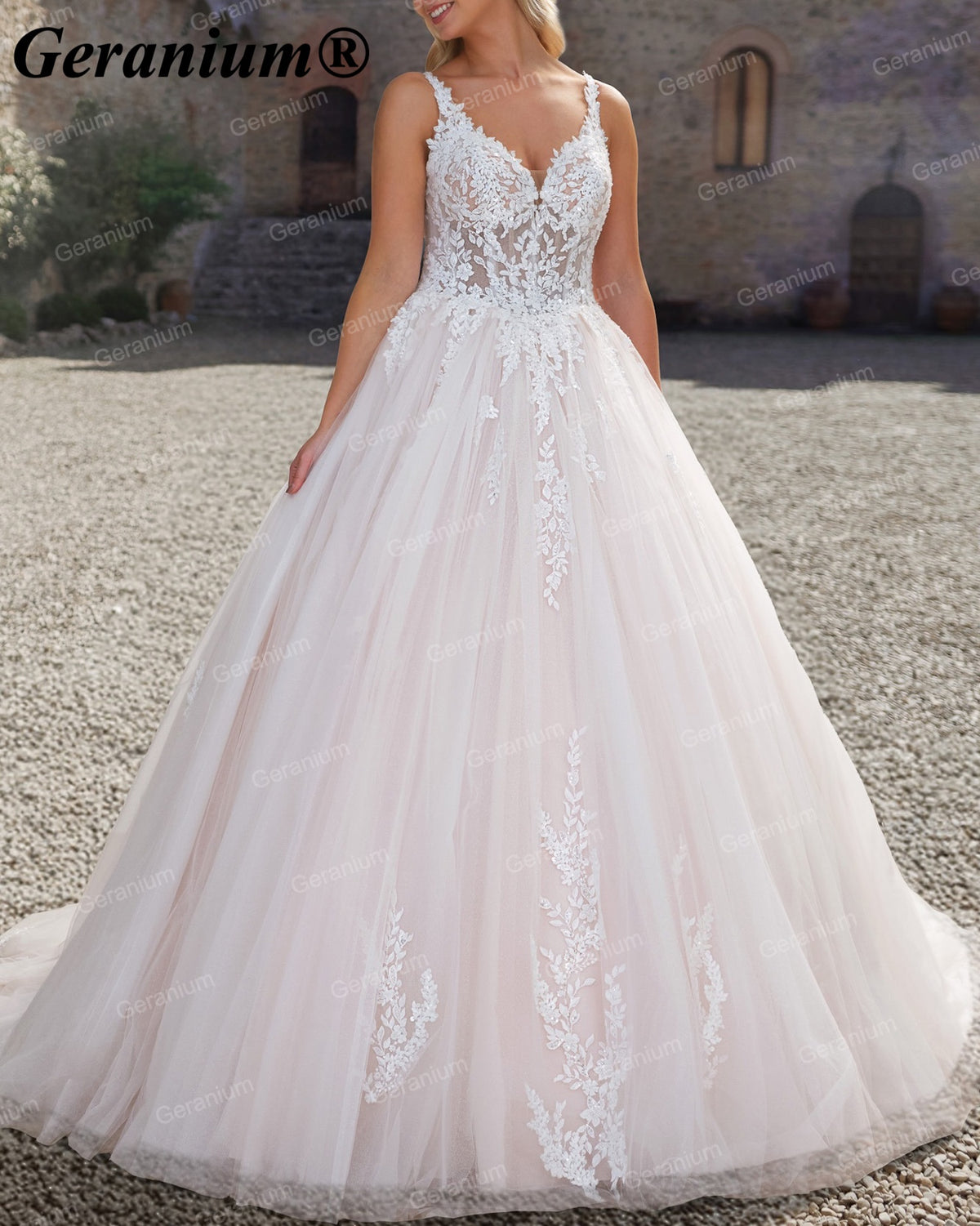 Geranium Plunging V-Neck Lace Ball Gown Wedding Dress – GER18