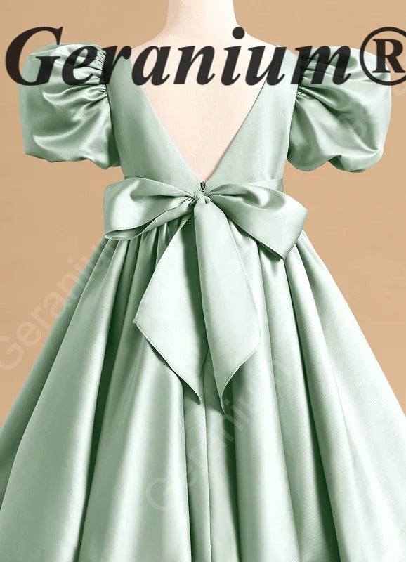 Geranium Elegant Sage Green Bubble Hem Flower Girl Dress with Puff Sleeves & Oversized Back Bow KD-241
