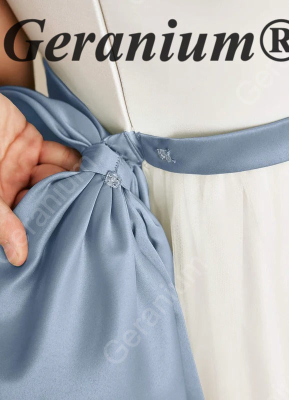 Geranium Elegant White Tulle Flower Girl Dress with Dusty Blue 3D Butterfly Appliqués & Oversized Removable Bow KD-202