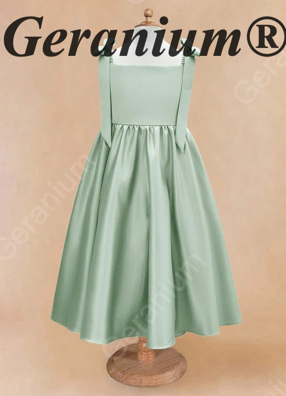 Gearanium Girls Sage Green Satin Flower Girl Dress - Tie-Shoulder A-Line Party Gown KD-288