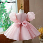 Geranium Elegant Blush Pink Puff Sleeve Baby Girl Dress - 3D Floral Appliques & Large Back Bow - Perfect for 1st Birthday, Weddings & Parties KD-364