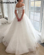 Geranium Off-the-Shoulder Lace Ball Gown Wedding Dress with Corset Back – GER116