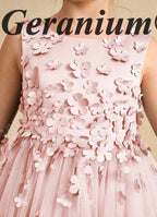 Geranium 3D Floral Applique Flower Girl Dress - Dusty Pink Tulle Princess Gown for Weddings & Birthdays KD-210