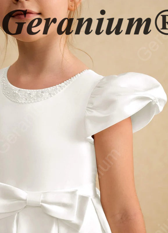 Geranium Elegant Pearl Beaded Neckline Satin Flower Girl Dress with Puff Sleeves & Back Bow KD-223