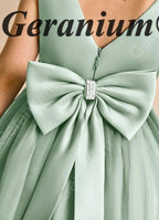 Geranium Sage Green Tulle Flower Girl Dress with Oversized Pearl Bow & Satin Bodice KD-256