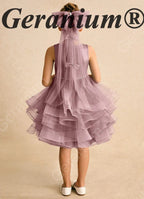 Garanium Girls Dusty Rose Multi-Tiered Tulle Party Dress - Luxury Pearl Waistband & Detachable Bow Train Flower Girl Gown KD-287