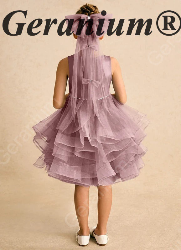 Garanium Girls Dusty Rose Multi-Tiered Tulle Party Dress - Luxury Pearl Waistband & Detachable Bow Train Flower Girl Gown KD-287