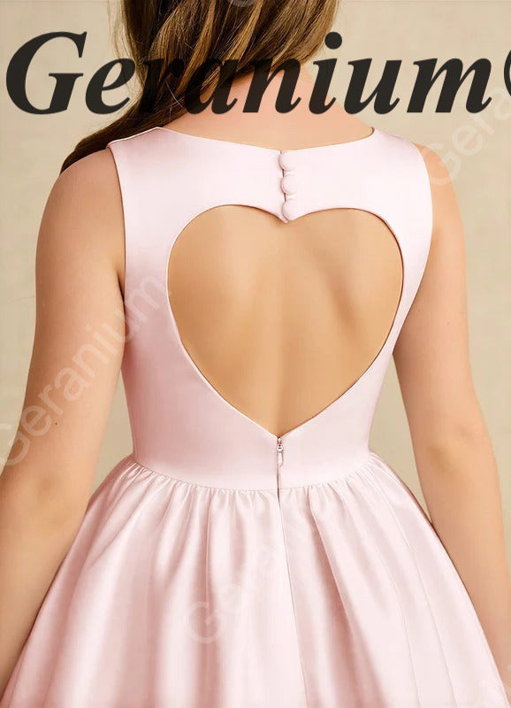 Geranium Girl's Pink Satin Flower Girl Dress - Sweet Heart Cut-Out Back Bubble Hem Party Gown KD-226