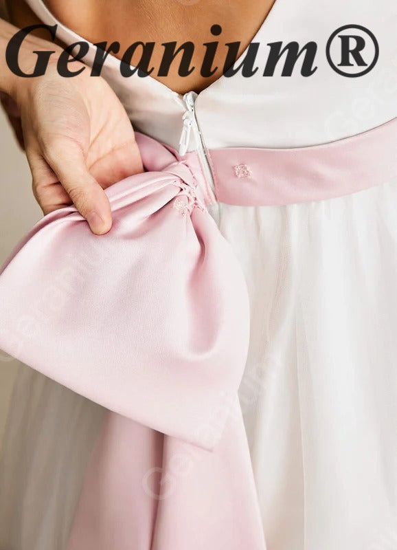 Geranium Elegant V-Neck Tulle Flower Girl Dress with Oversized Satin Back Bow & Pink Sash KD-303