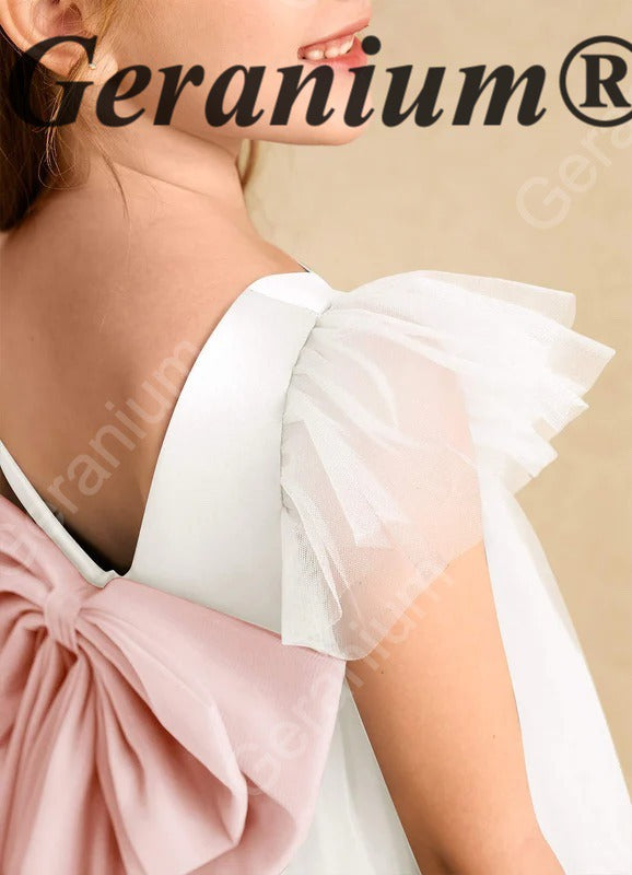 Geranium Elegant White Tulle Flower Girl Dress with Detachable Oversized Pink Back Bow - Flutter Sleeve Princess Gown KD-213
