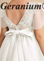 Geranium Elegant Lace Flower Girl Dress with Flutter Sleeves & Satin Bow - Knee Length Tulle Princess Gown KD-247