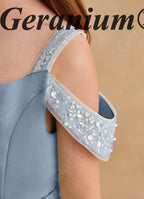 Geranium Ice Blue Satin Cold-Shoulder Flower Girl Dress with Sequin Waist & Long Train KD-263