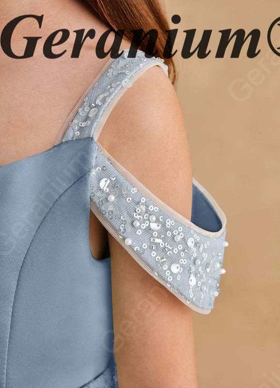 Geranium Ice Blue Satin Cold-Shoulder Flower Girl Dress with Sequin Waist & Long Train KD-263