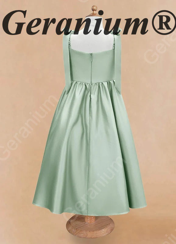 Gearanium Girls Sage Green Satin Flower Girl Dress - Tie-Shoulder A-Line Party Gown KD-288