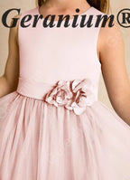 Geranium Elegant Blush Pink Tulle Flower Girl Dress - Satin Bodice with Handmade 3D Rosettes KD-206