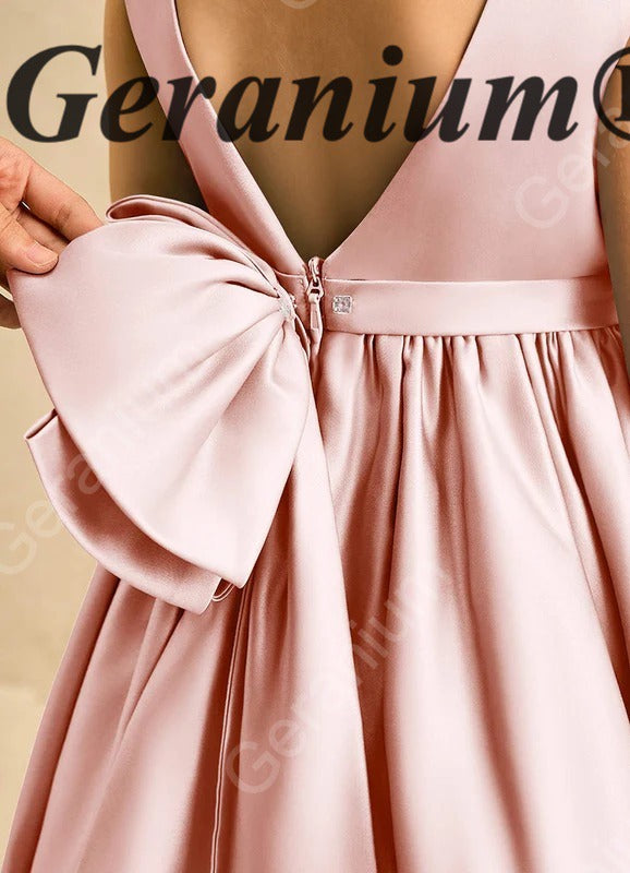 Geranium Elegant Pink Satin Flower Girl Dress with Pearl Neckline & Oversized Back Bow - Sleeveless A-Line Princess Gown KD-246