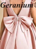 Geranium Elegant Pearl Back Satin Flower Girl Dress with Oversized Bow - Flutter Sleeve Princess Gown KD-229