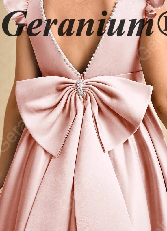 Geranium Elegant Pearl Back Satin Flower Girl Dress with Oversized Bow - Flutter Sleeve Princess Gown KD-229