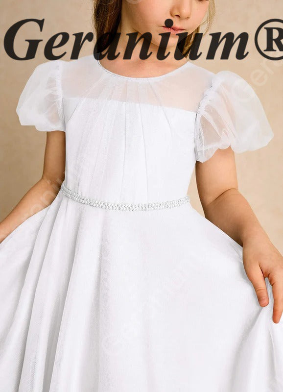 Geranium Elegant Tiered Tulle Flower Girl Dress with Puff Sleeves & Crystal Belt KD-207