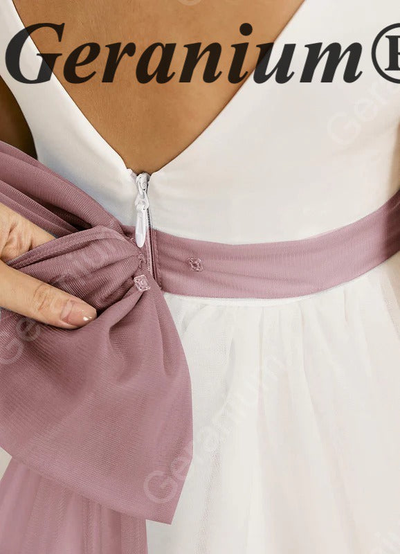 Geranium Elegant White Tulle Flower Girl Dress with Dusty Rose Sash & Oversized Back Bow KD-195