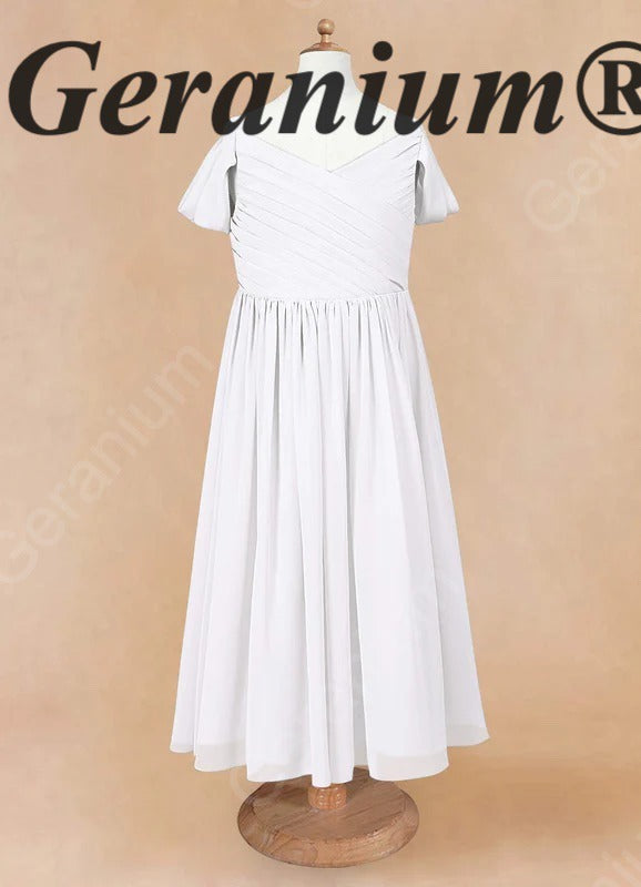 Geranium Cold Shoulder Chiffon Flower Girl Dress with Ruched V-Neck Bodice KD-260
