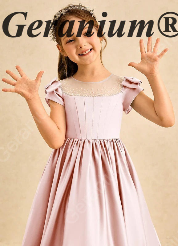 Geranium Elegant Pink Satin Flower Girl Dress - Pearl Illusion Back with Detachable Oversized Bow, Sleeveless Princess Gown for Weddings & Parties KD-239