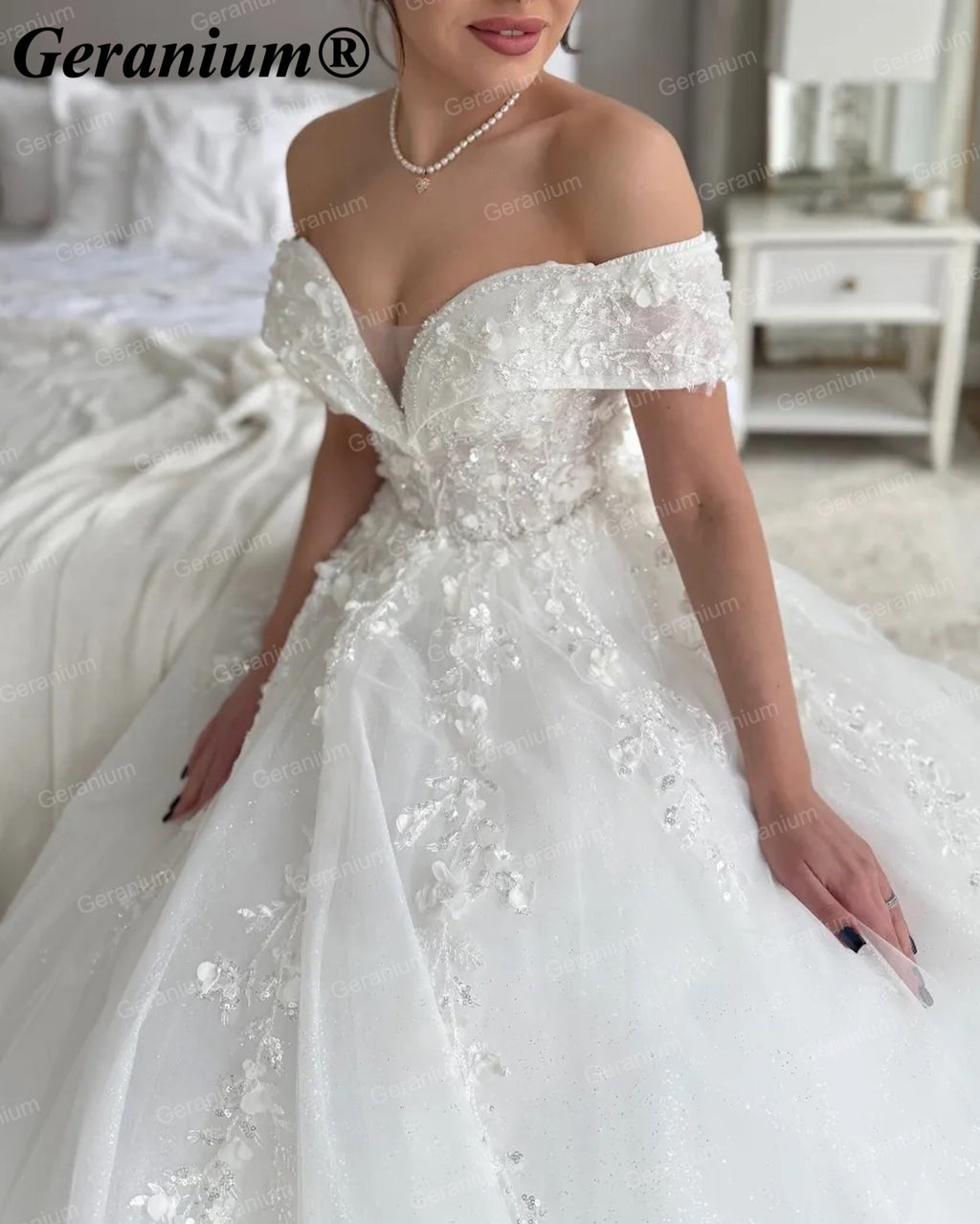 Geranium Off-the-Shoulder Lace Ball Gown Wedding Dress with Corset Back – GER116
