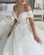Geranium Off-the-Shoulder Lace Ball Gown Wedding Dress with Corset Back – GER116