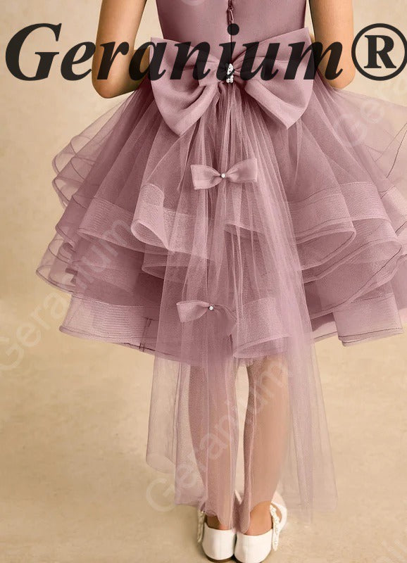 Garanium Girls Dusty Rose Multi-Tiered Tulle Party Dress - Luxury Pearl Waistband & Detachable Bow Train Flower Girl Gown KD-287