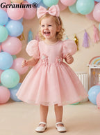 Geranium Elegant Blush Pink Puff Sleeve Baby Girl Dress - 3D Floral Appliques & Large Back Bow - Perfect for 1st Birthday, Weddings & Parties KD-364
