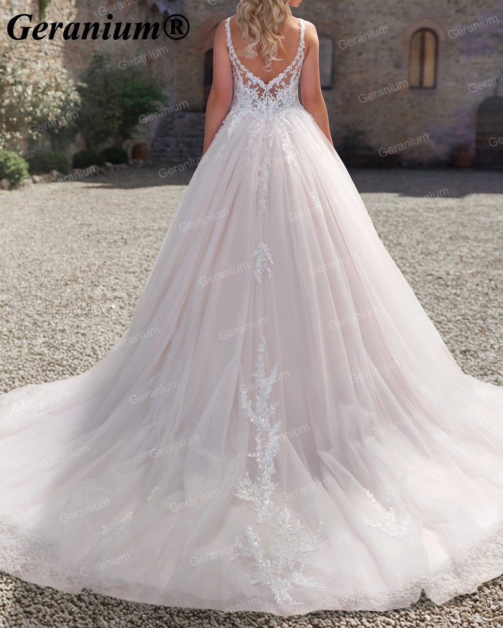 Geranium Plunging V-Neck Lace Ball Gown Wedding Dress – GER18