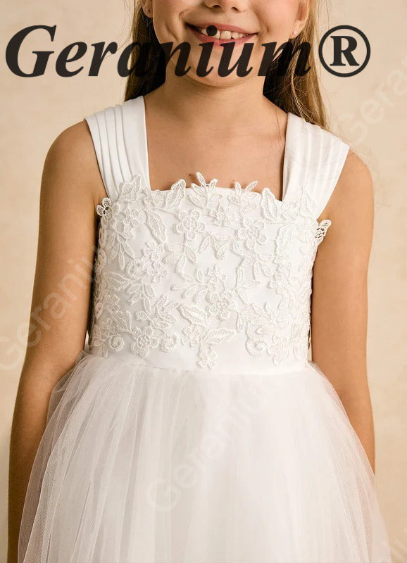 Geranium Floral Lace Tulle Flower Girl Dress with Removable Oversized Back Bow KD-281