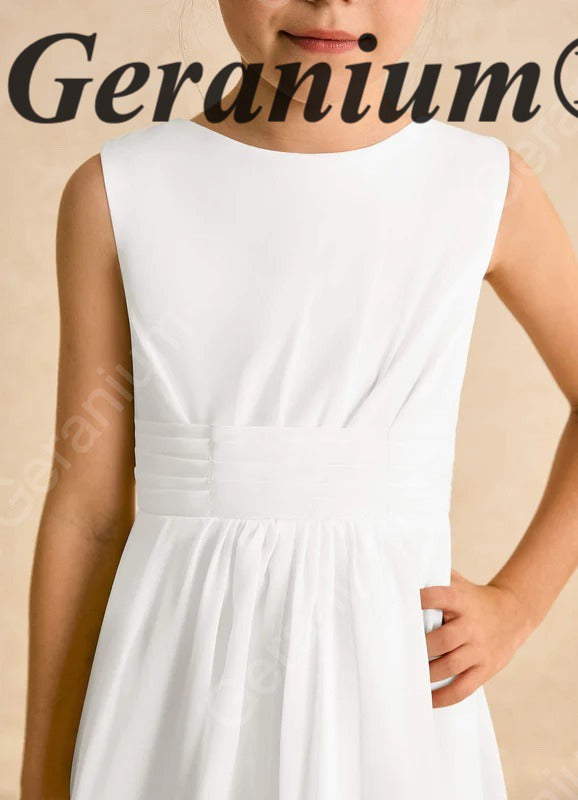Geranium Elegant White Chiffon Flower Girl Dress / Bridesmaid Dress - Ruched Sash A-Line Cascading Ruffle Skirt - for Wedding, Communion, Party KD-228