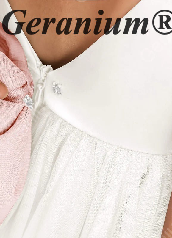 Geranium Elegant White Tulle Flower Girl Dress with Detachable Oversized Pink Back Bow - Flutter Sleeve Princess Gown KD-213
