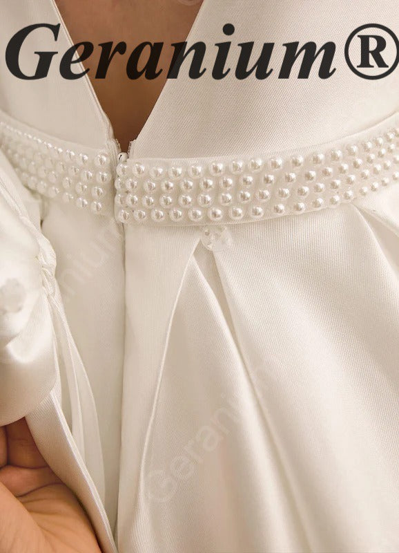 Gearanium Elegant Pearl Belt Satin Flower Girl Dress with Oversized Back Bow - Sleeveless A-Line Communion Gown KD-290