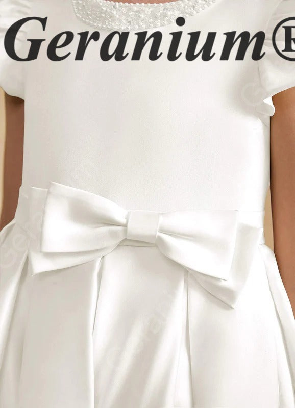 Geranium Elegant Pearl Beaded Neckline Satin Flower Girl Dress with Puff Sleeves & Back Bow KD-223