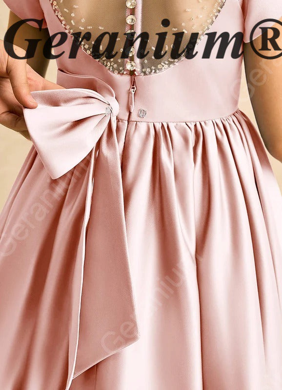 Geranium Elegant Pink Satin Flower Girl Dress - Pearl Illusion Back with Detachable Oversized Bow, Sleeveless Princess Gown for Weddings & Parties KD-239