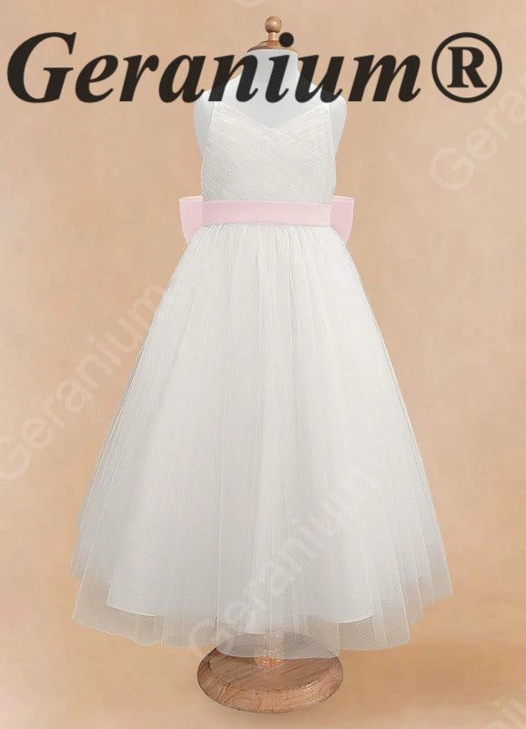 Geranium Elegant V-Neck Tulle Flower Girl Dress with Oversized Satin Back Bow & Pink Sash KD-303