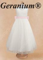 Geranium Elegant V-Neck Tulle Flower Girl Dress with Oversized Satin Back Bow & Pink Sash KD-303