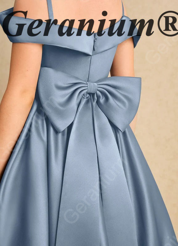 Geranium Elegant Dusty Blue Satin Off-The-Shoulder Flower Girl Dress with Oversized Back Bow KD-257