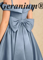 Geranium Elegant Dusty Blue Satin Off-The-Shoulder Flower Girl Dress with Oversized Back Bow KD-257