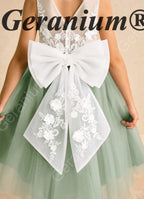 Geranium Sage Green Flower Girl Dress: Embroidered Lace Applique Bodice with Oversized Back Bow KD-200