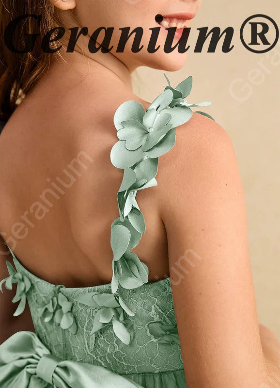 Geranium Sage Green 3D Floral Applique Flower Girl Dress - High-Low Tulle Skirt with Detachable Bow KD-269