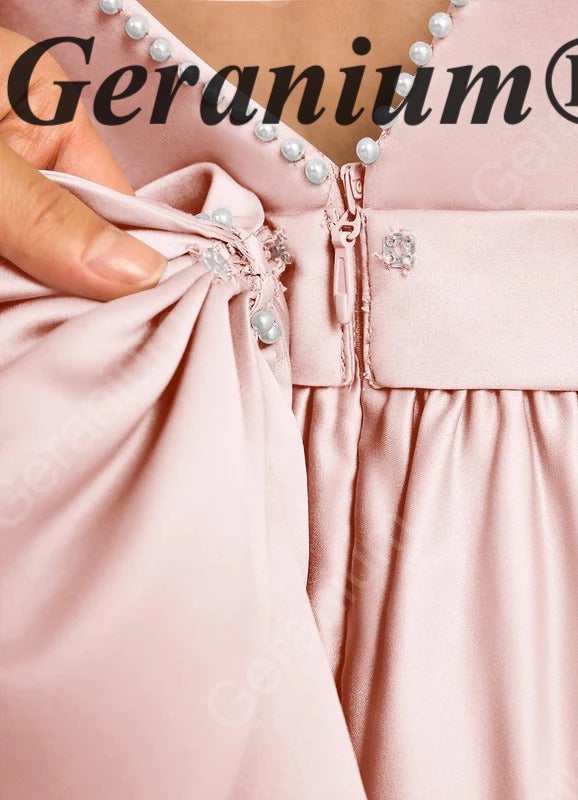 Geranium Elegant Pearl Back Satin Flower Girl Dress with Oversized Bow - Flutter Sleeve Princess Gown KD-229