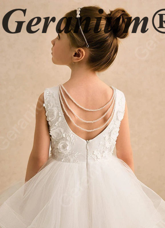 Geranium Elegant Pearl Back Tiered Tulle Flower Girl Dress - Luxury Communion & Birthday Ball Gown KD-279