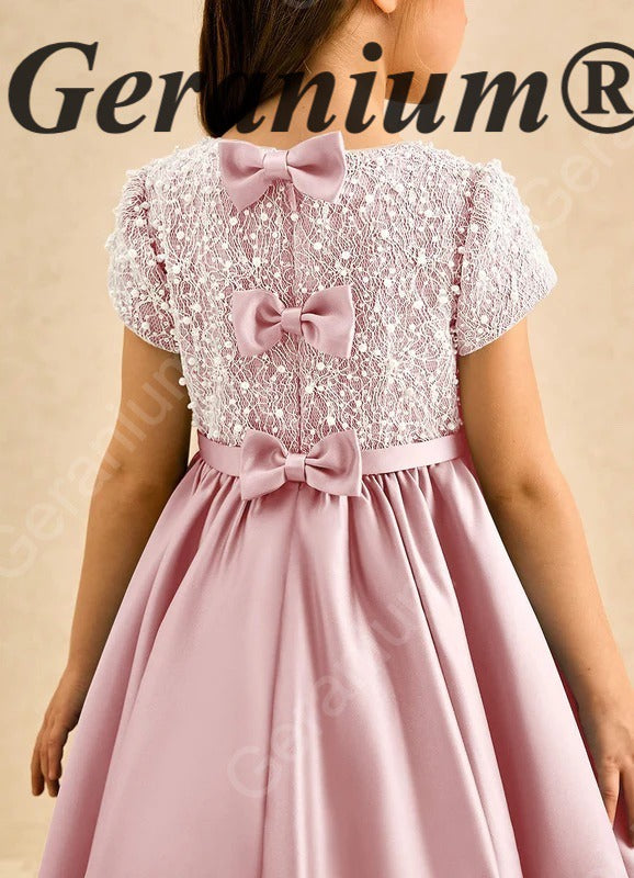 Geranium Elegant Pink Pearl Beaded Lace Flower Girl Dress with Triple Bow Back & Satin A-Line Skirt KD-237