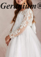Geranium Elegant Lace Long Sleeve Flower Girl Dress with Oversized Back Bow & Tulle Train KD-208